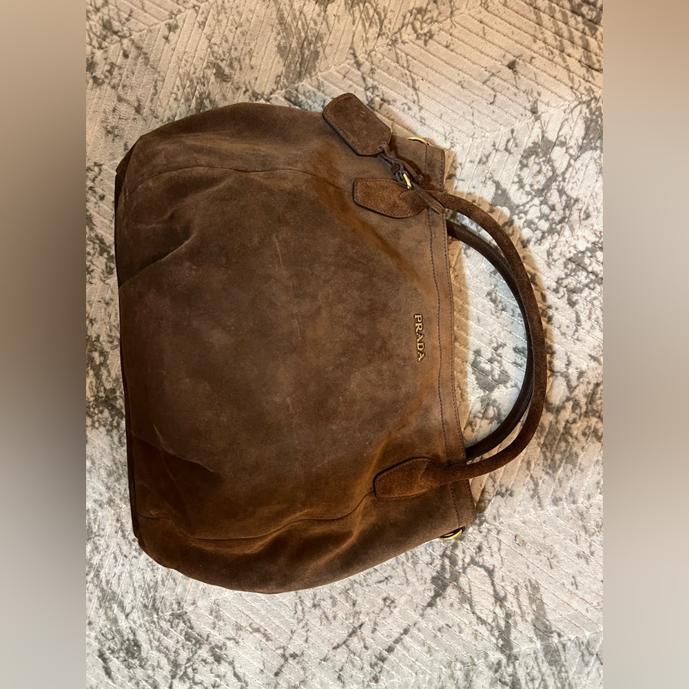 Prada Chocolate Suede Tote with Brass Details